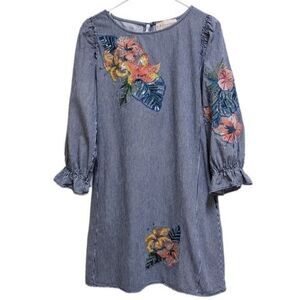 Philosophy Dress S Navy Striped Chambray Floral Embroidered Sequins Elastic Cuff